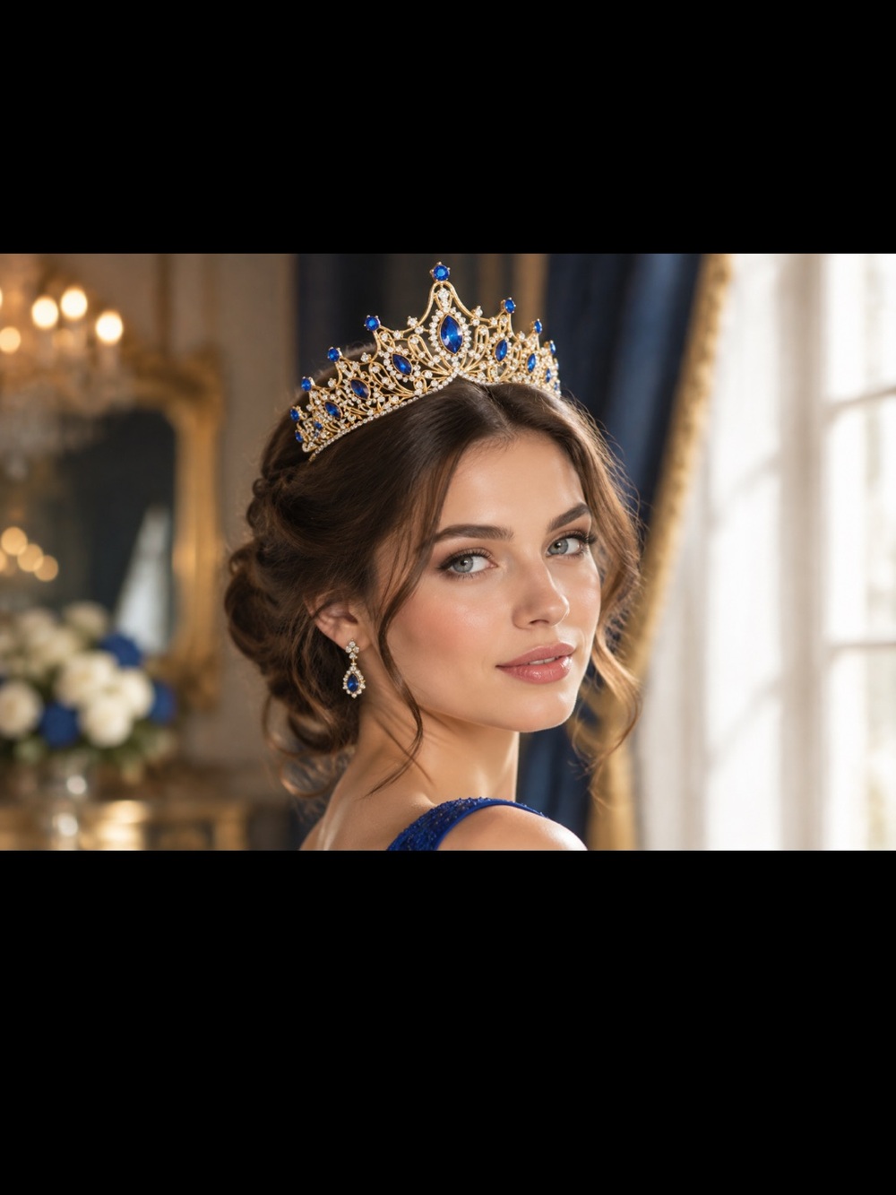 Pageant Tiara Crown Gold Royal Blue Rhinestone Statement Princess Formal Event
